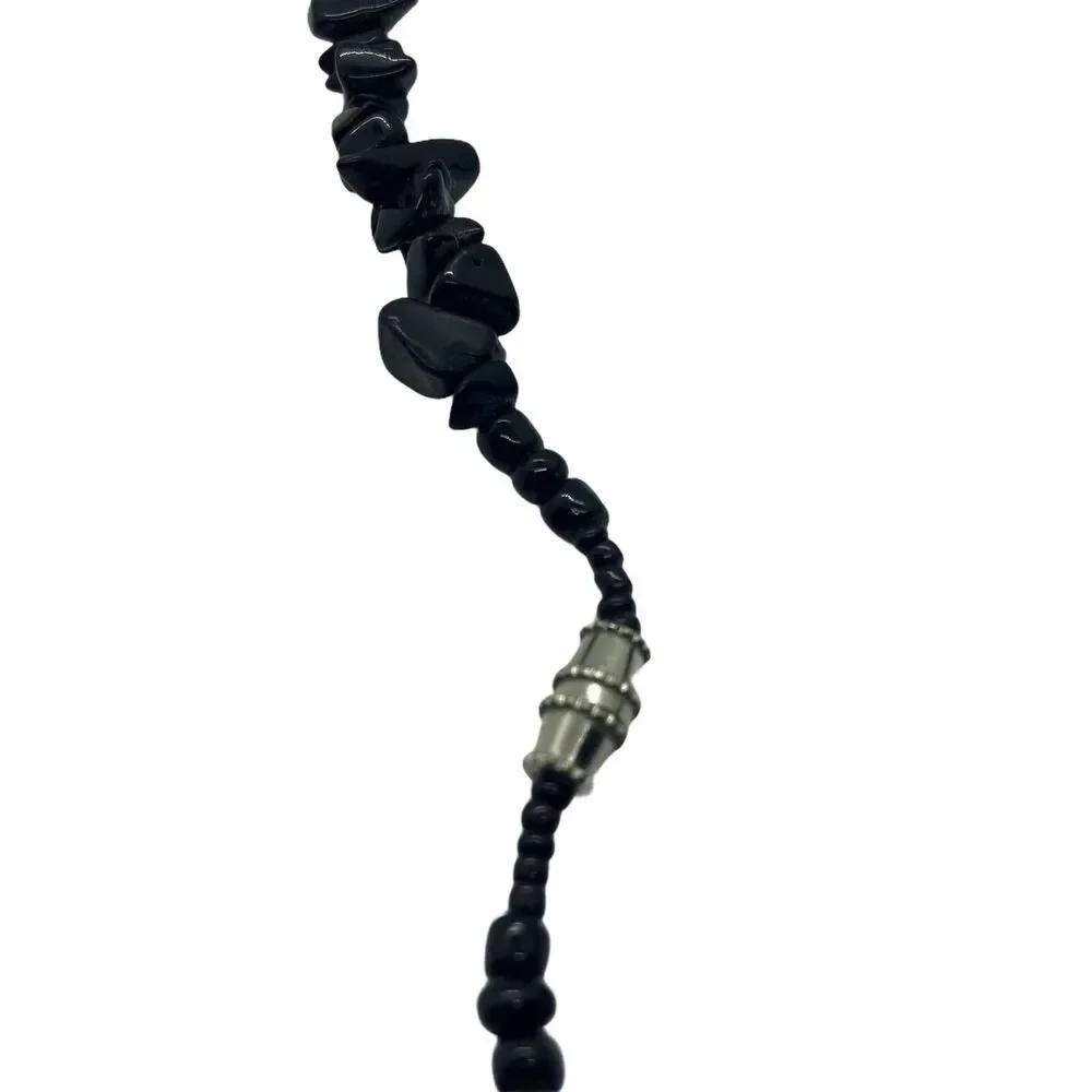 Women's Black Onyx Screw Clasp Beaded Chip Rectangle Pendant Necklace 13 inches